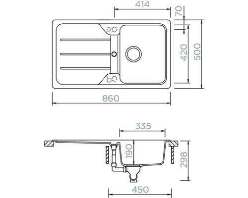 Technische tekening van een spoelbak met afmetingen
