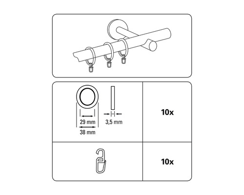 Technische tekening van een gordijnroede met ringen en haken, 10 stuks