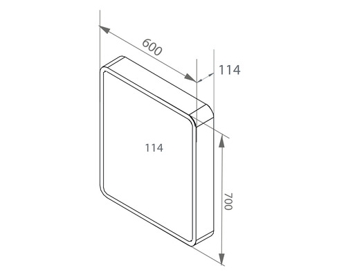 Technische tekening van een badkamerspiegel met afmetingen 600 x 700 x 114 mm