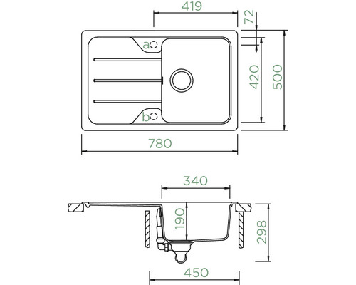 Schets van een spoelbak met afmetingen