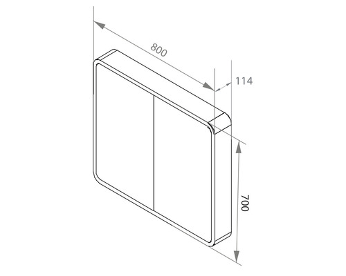 Technische tekening van een badkamerkast met de afmetingen 800 x 700 x 114 millimeter