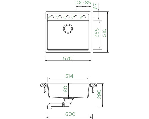 Technische tekening van een spoelbak met afmetingen.