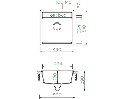 Technische tekening van een spoelbak met afmetingen