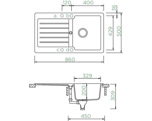 Schets van een spoelbak met afmetingen