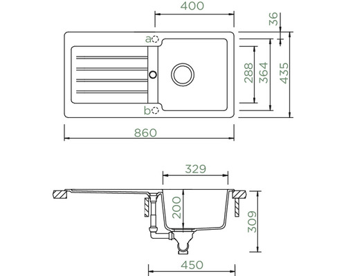 Technische tekening van een spoelbak met afmetingen
