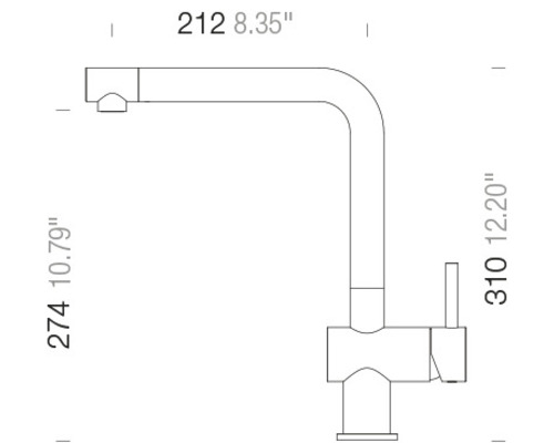 Maattekening van een keukenkraan met de afmetingen 212, 274 en 310 millimeter.