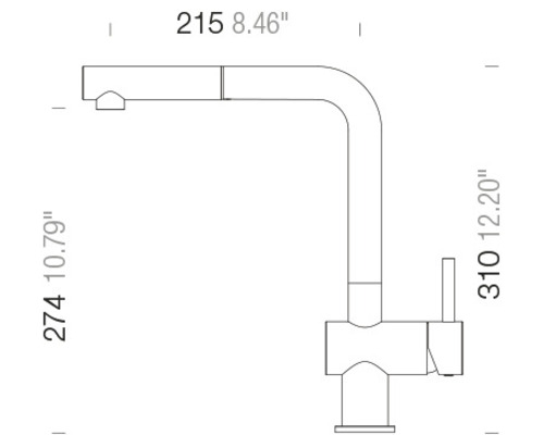 Technische tekening van een keukenkraan met afmetingen