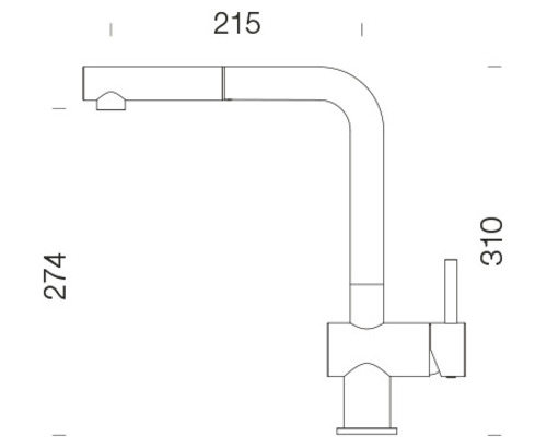 Schets van een keukenkraan met afmetingen: 215 mm uitloop, 274 mm hoogte, 310 mm totale hoogte.