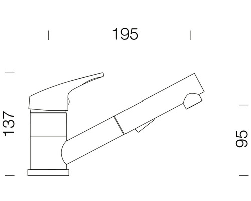Technische tekening van een keukenkraan met uittrekbare sproeikop en afmetingen