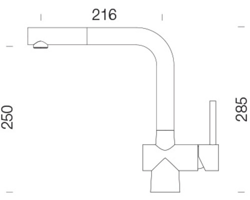 Technische tekening van een keukenkraan met afmetingen.