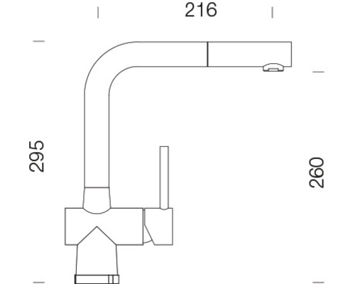 Technische tekening van een keukenkraan met de afmetingen 216, 295 en 260
