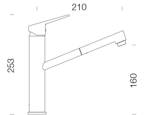 Technische tekening van een keukenkraan met de afmetingen 253, 210 en 160 millimeter.