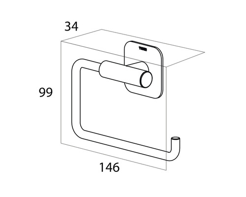 Technische tekening van een toiletpapierhouder met afmetingen