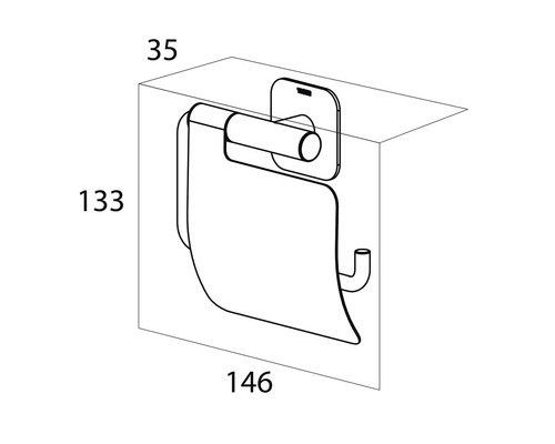 Technische tekening van een toiletpapierhouder met maatvoering.