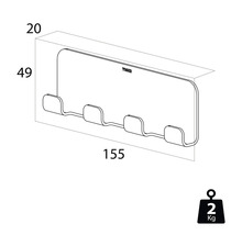 Afbeelding van een wandkapstok met drie haken en de afmetingen 155x49x20 mm, en een gewicht van 2 kg.