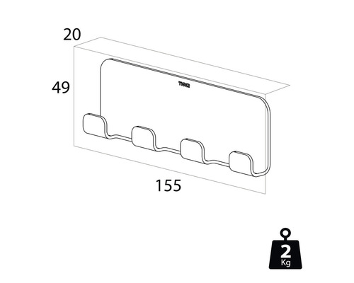 Afbeelding van een wandkapstok met drie haken en de afmetingen 155x49x20 mm, en een gewicht van 2 kg.