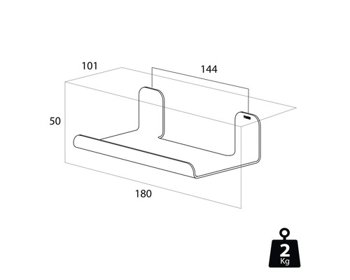 Technische tekening van een toiletpapierhouder met maatvoering.