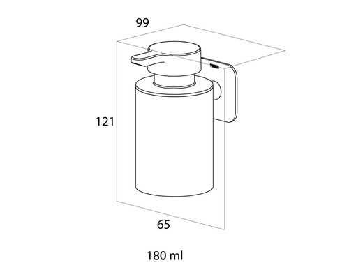 Technische tekening van een zeepdispenser met de afmetingen 99, 121 en 65 millimeter en een inhoud van 180 milliliter.