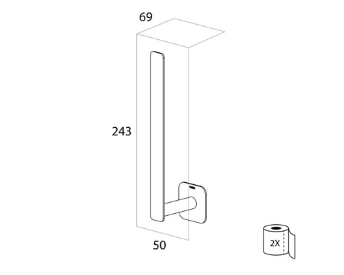 Illustratie van een toiletpapierhouder met maatvoering