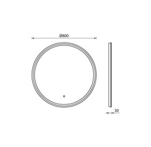 Technische tekening van een ronde spiegel met een diameter van 800 mm en een diepte van 30 mm