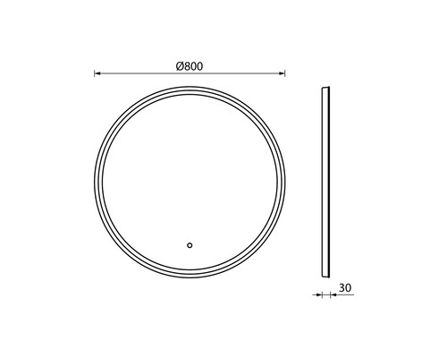 Technische tekening van een ronde spiegel met een diameter van 800 mm en een diepte van 30 mm
