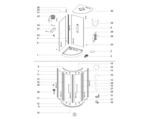 Explosietekening van een douche met alle onderdelen