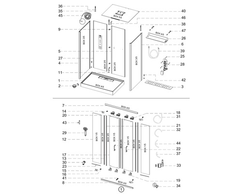 Explosietekening van een douche met afzonderlijke onderdelen en nummers, weergegeven voor montage.