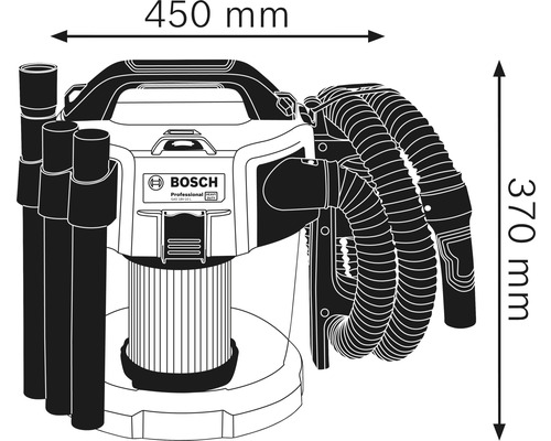Afbeelding van een nat- en droogzuiger met de afmetingen 450 mm breed en 370 mm hoog.