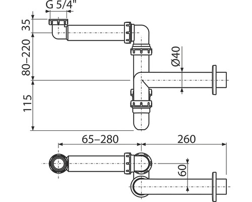 Technische tekening van een sifon met maataanduidingen