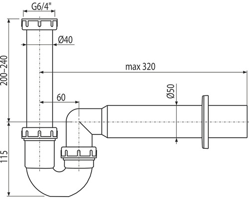 Technische tekening van een sifon met afmetingen