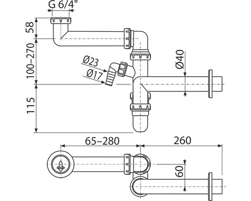 Technische tekening van een sifon met afmetingen
