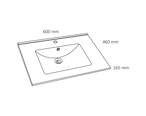 Wastafelblad met afmetingen 600 mm bij 460 mm