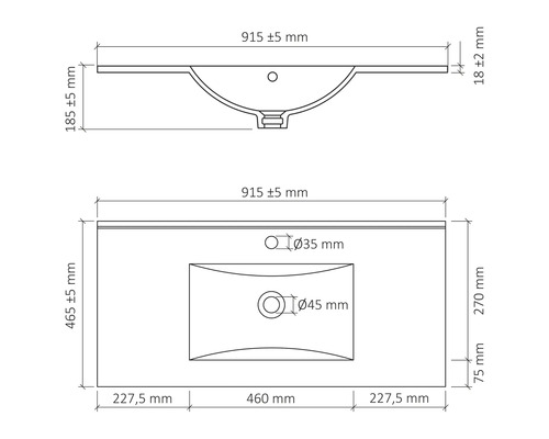 Tekening van een wastafel met afmetingen.