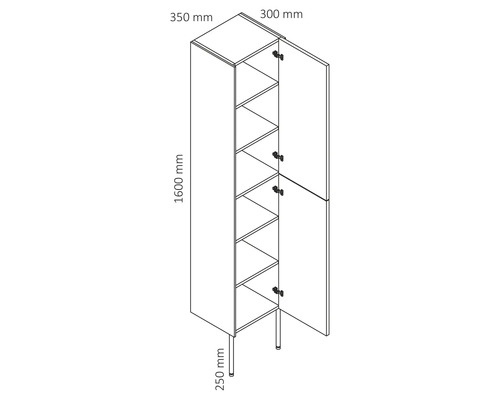 Schets van een hoge kast met legplanken en twee open deuren, afmetingen 1600 x 350 x 300 mm