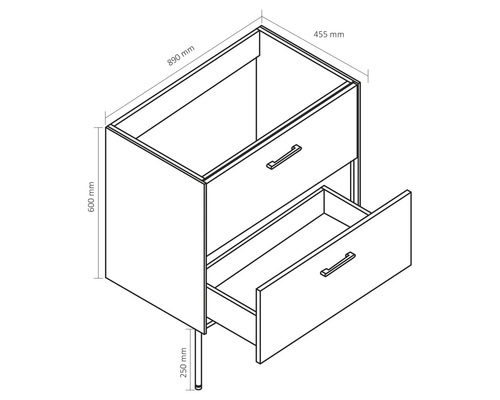 Tekening van een wastafelonderkast met lades en maatvoering