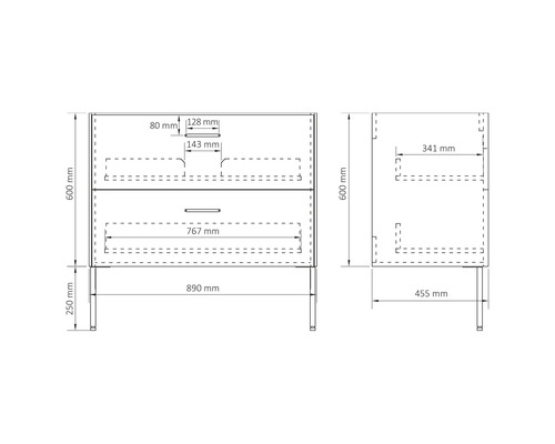 Technische tekening van een wastafelonderkast met afmetingen