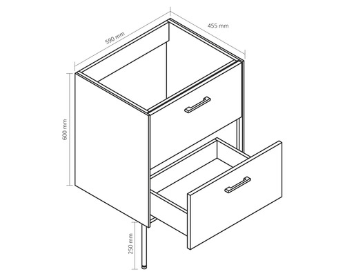 Tekening van een wastafelonderkast met laden en afmetingen
