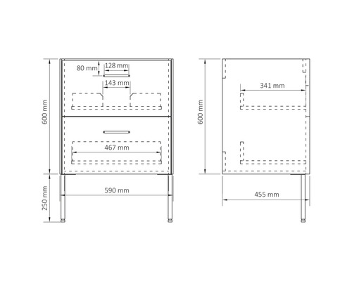 Technische tekening van een wastafelonderkast met maatvoering.