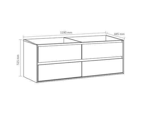 Technische tekening van een wastafelonderkast met de afmetingen 1190 mm breed, 515 mm hoog en 445 mm diep.