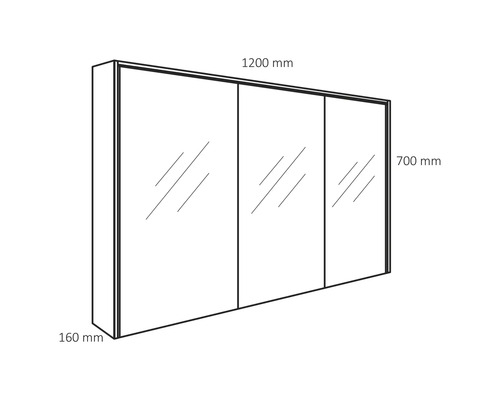 Technische tekening van een spiegelkast met de afmetingen 1200 mm breed, 700 mm hoog en 160 mm diep.