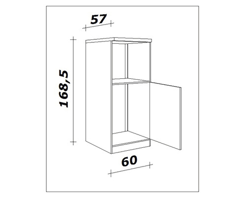 Technische tekening van een hangkast met de afmetingen hoogte 168,5 cm, breedte 60 cm en diepte 57 cm.
