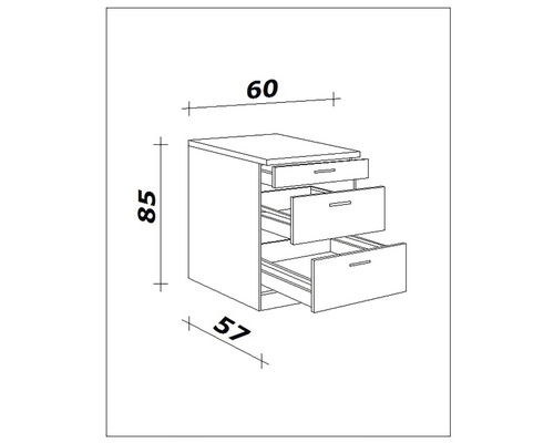 Tekening van een ladenkast met afmetingen