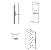 Technische tekening van een hoge kast met afmetingen
