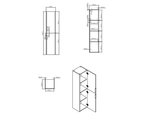 Technische tekening van een hoge kast met afmetingen