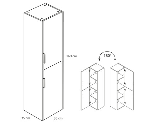 Illustratie van een badkamerkast met twee deuren en de afmetingen 35 bij 35 bij 160 centimeter.