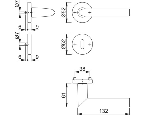 Technische tekening van een deurkruk met afmetingen