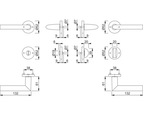 Technische tekening van een deurbeslag met afmetingen