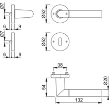 Technische tekening van een deurklink met afmetingen