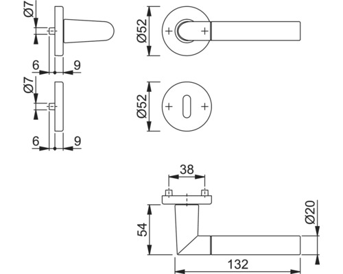Technische tekening van een deurklink met afmetingen