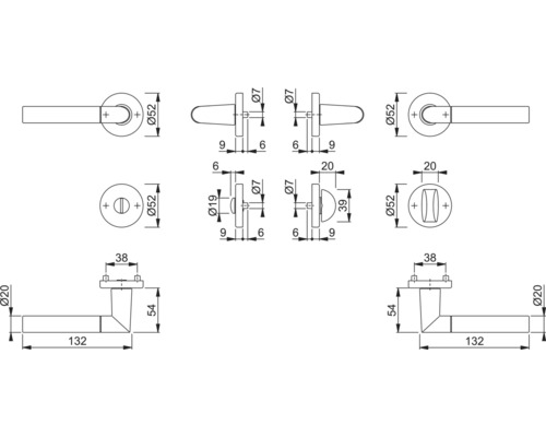 Technische tekening van een deurklink met afmetingen